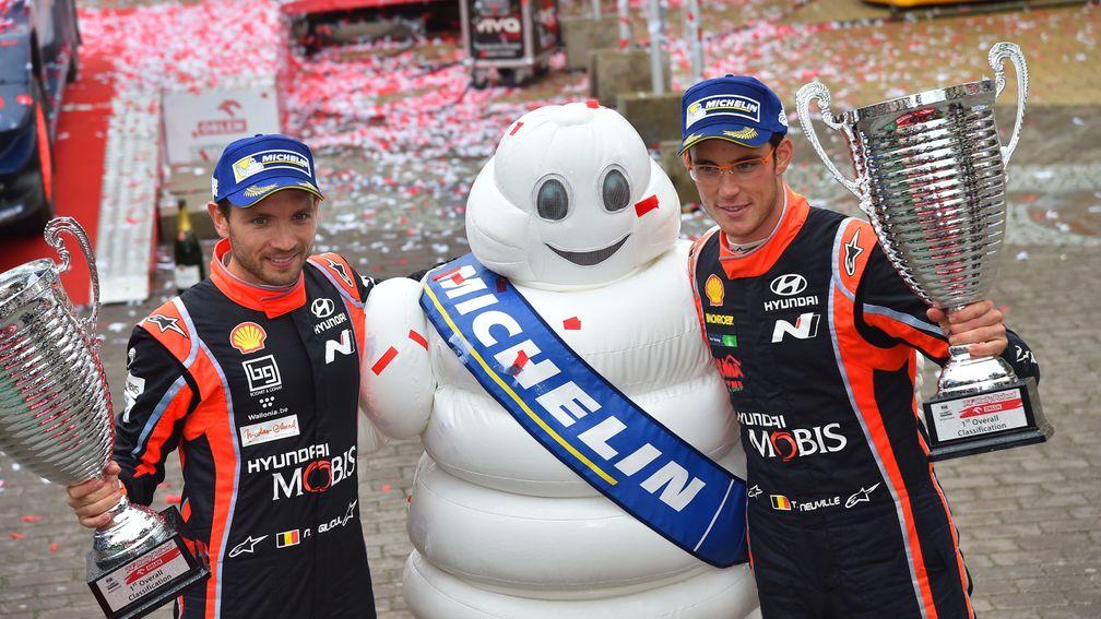 Thierry Neuville (right) and co-driver Nicolas Gilsoul celebrate their win in Poland
