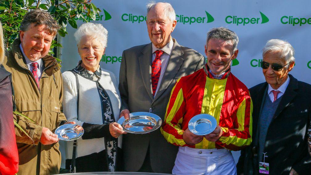 Lester Piggott presents the prizes to Harding, trainer Tim Easterby (left) and owners Mary and Derek Lamplough