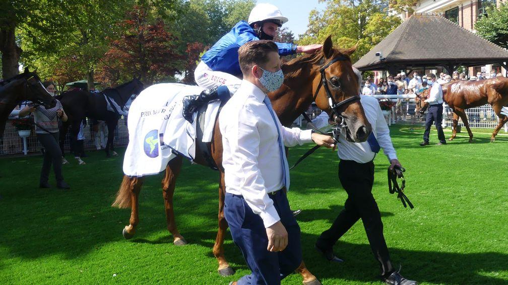 Space Blues and William Buick after winning the Prix Maurice de Gheest at Deauville
