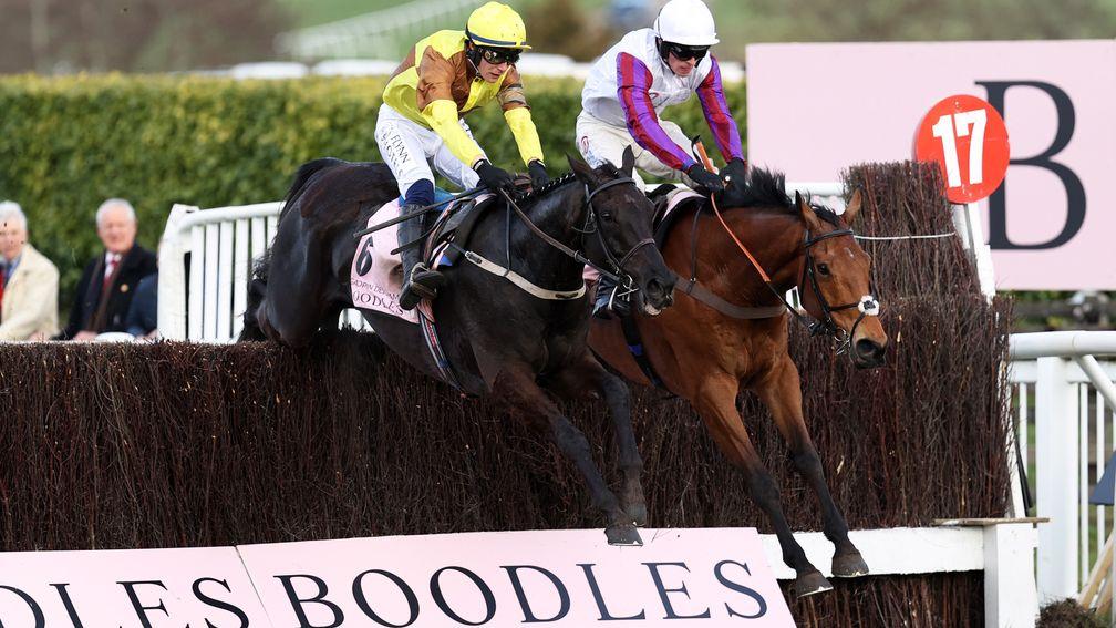 CHELTENHAM, ENGLAND - MARCH 17: Paul Townend on board Galopin Des Champs (L) jumps the last ahead of Harry Cobden on board Bravemansgame on their way to winning the Boodles Cheltenham Gold Cup Chase during day four of the Cheltenham Festival 2023 at Chelt