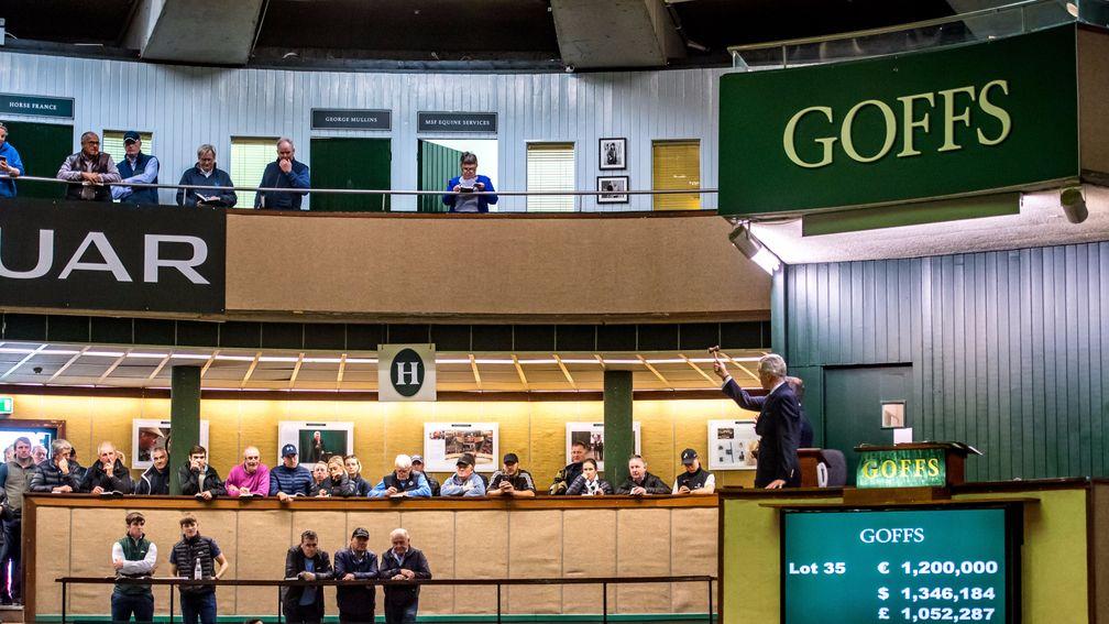 Auctioneer Henry Beeby knocks the €1.2 million Galileo filly down to John Gosden