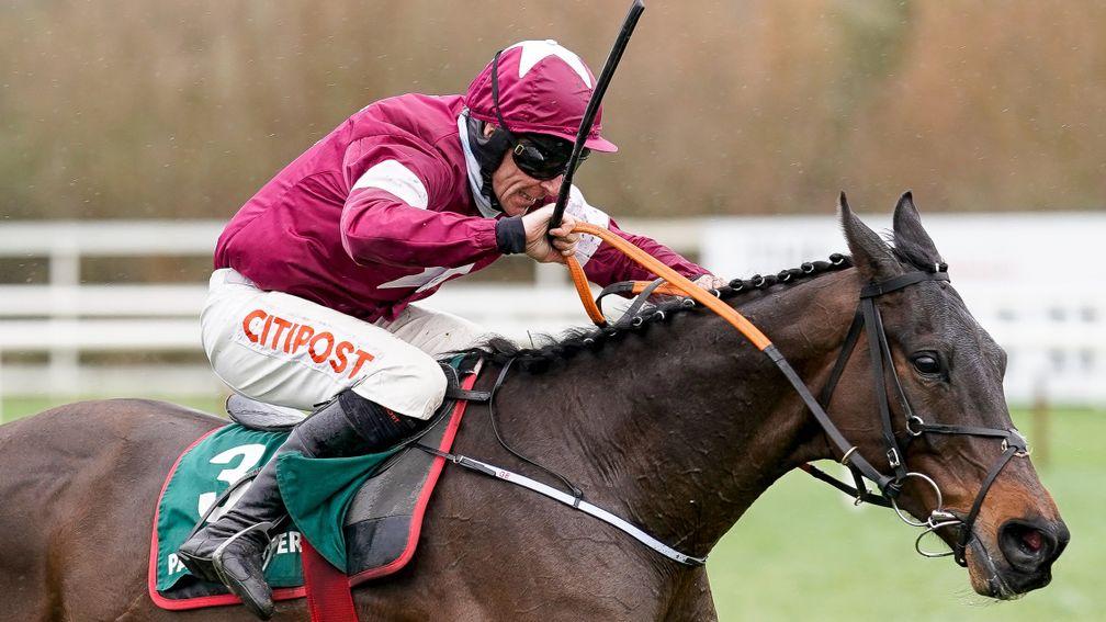 DUBLIN, IRELAND - FEBRUARY 05: Davy Russell riding Conflated clear the last to win The Paddy Power Irish Gold Cup at Leopardstown Racecourse on February 05, 2022 in Dublin, Ireland. (Photo by Alan Crowhurst/Getty Images)