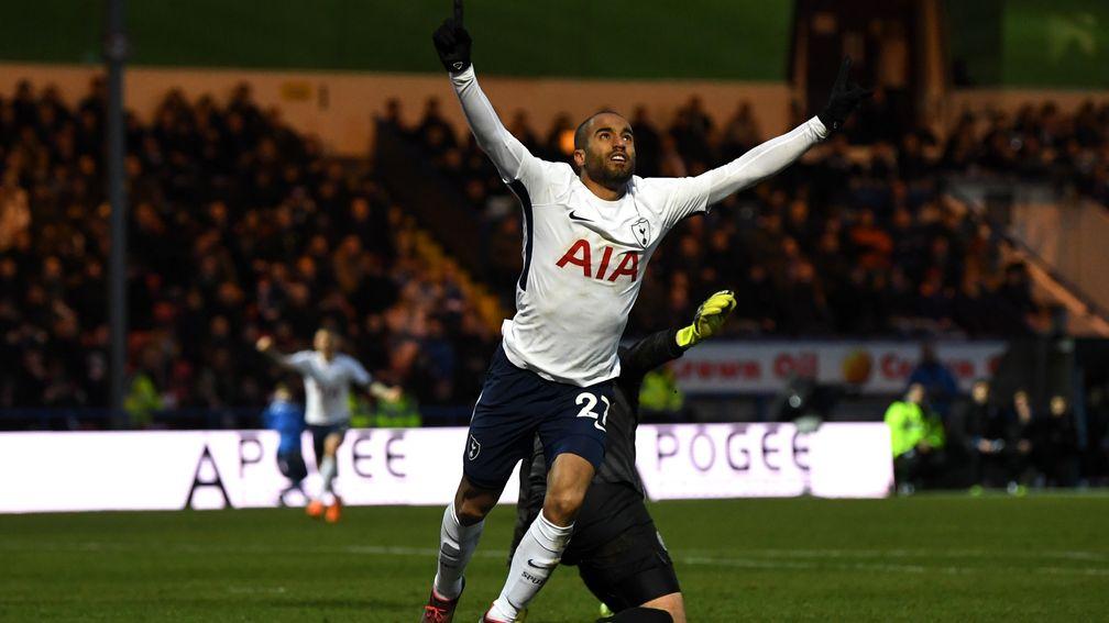 Lucas Moura celebrates his goal for Spurs against Rochdale at Spotland