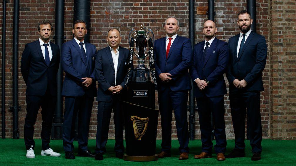 Six Nations coaches (L-R) Fabien Galthie, Franco Smith, Eddie Jones, Wayne Pivac, Gregor Townsend and Andy Farrell