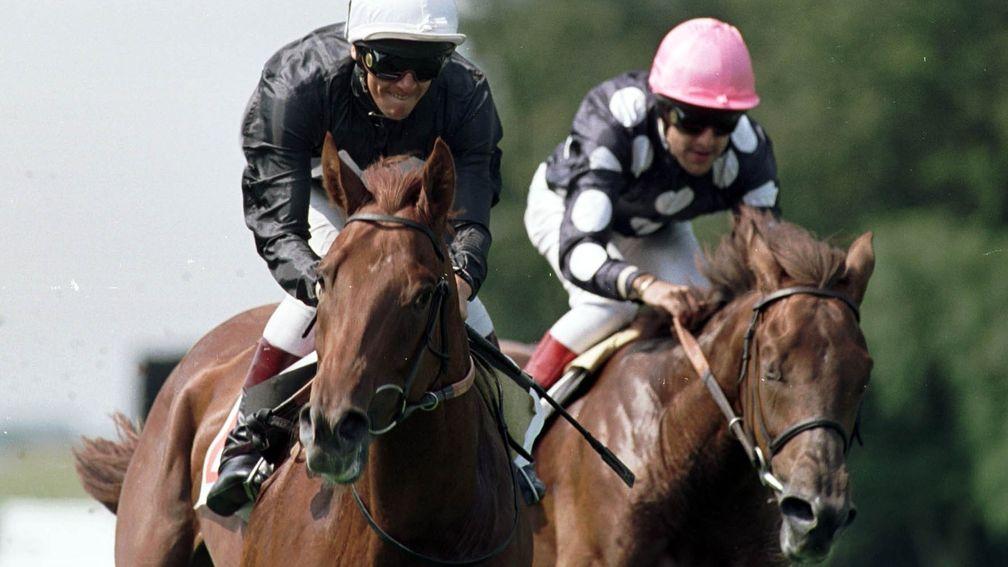 Dettori (left) scores on Atlantis Prince at Newmarket in August 2000 on his comeback ride following the plane crash