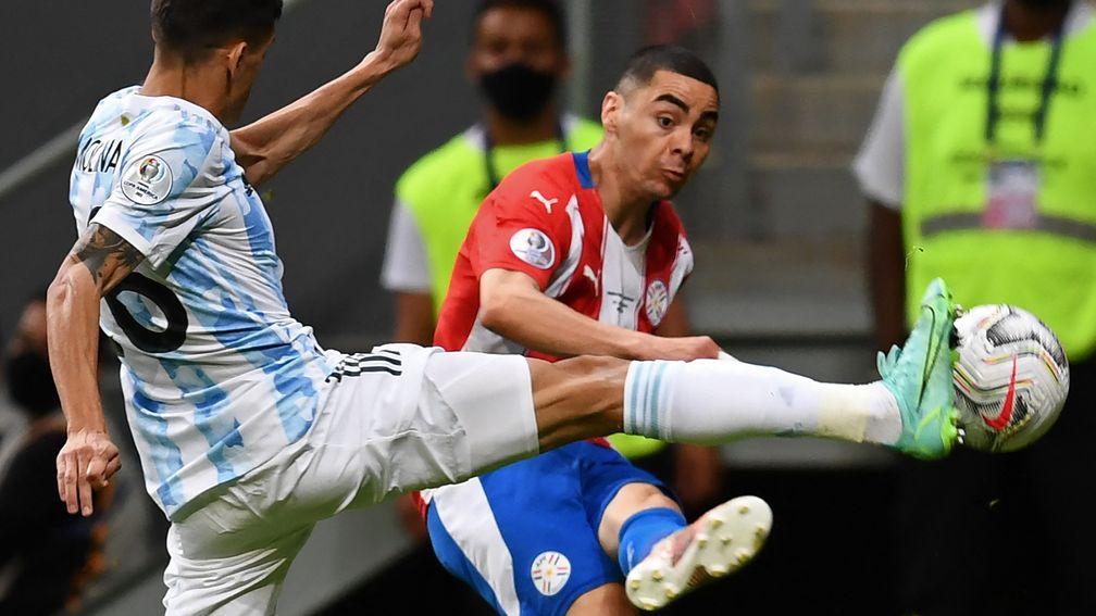 Paraguay's Miguel Almiron in action against Argentina