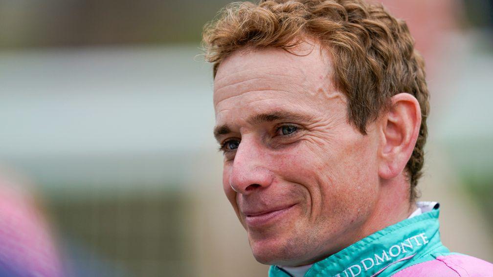 Ryan Moore in the Juddmonte silks after winning the 7f maiden on Nostrum at Sandown on Thursday afternoon