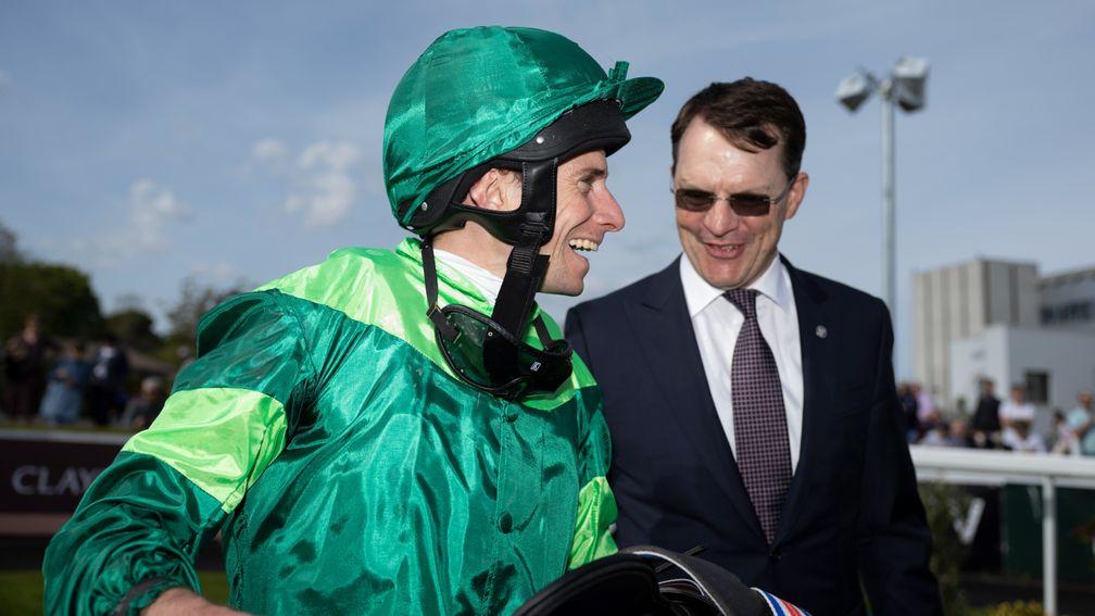 Ryan Moore and Aidan O'Brien are all smiles after Stone Age trounced his rivals in the Derby Trial Stakes