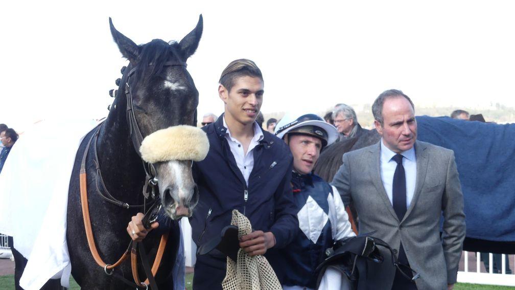 Talk Or Listen with Stephane Pasquier and Frederick Rossi after winning the Listed Prix Francois Mathet at Saint-Cloud