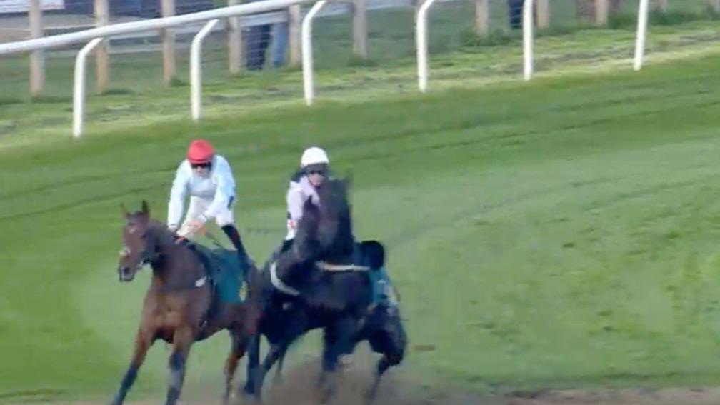 Canyon City collides with Larry (white cap), with Minella Encore narrowly avoiding him