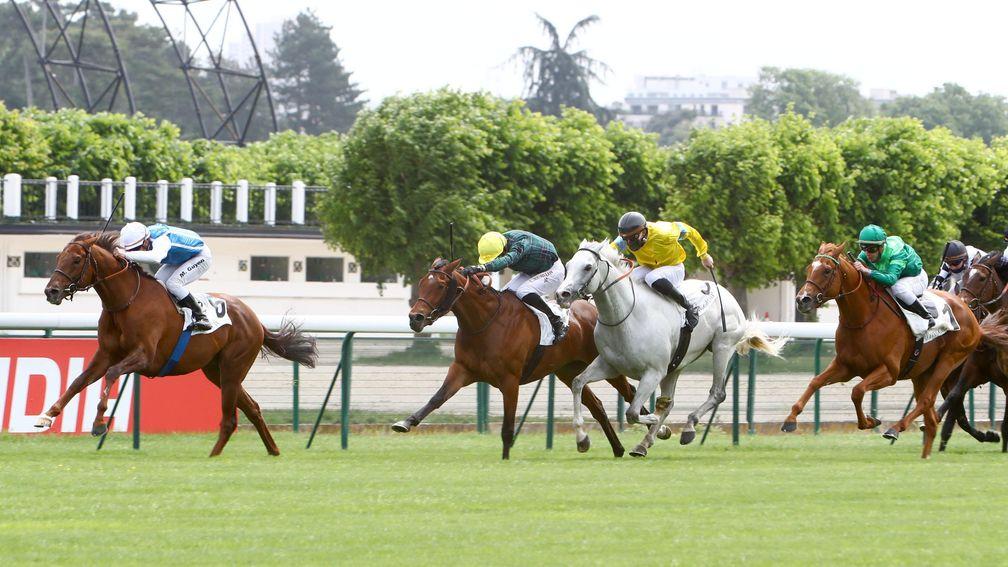 Shaman (Maxime Guyon) wins the Prix d'Harcourt, in which Sottsass (green) took fourth