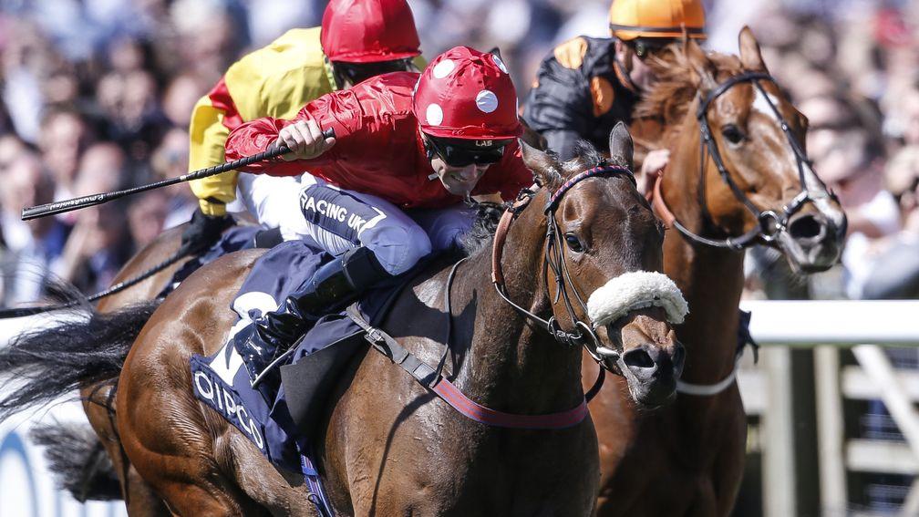 Mabs Cross wins the first of her two Group 3 Palace House Stakes at Newmarket
