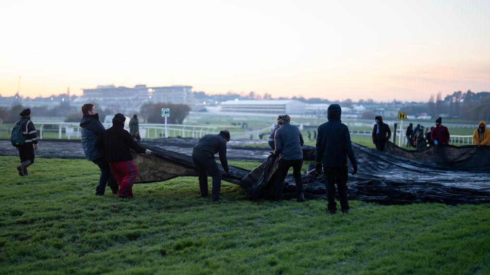 Groundstaff start to lay frost covers down after the last race of the day at Cheltenham