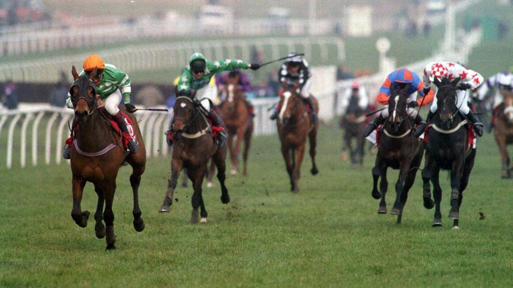 Paddy's Return (left), the best hurdler trained by Ferdy Murphy, leads up the hill to land the 1996 Triumph Hurdle