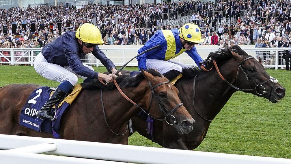 ASCOT, ENGLAND - JULY 28:  James Doyle riding Poets Word (R) win The King George VI And Queen Elizabeth Stakes from Crystal Ocean (L)  and William Buick at Ascot Racecourse on July 28, 2018 in Ascot, United Kingdom. (Photo by Alan Crowhurst/Getty Images)