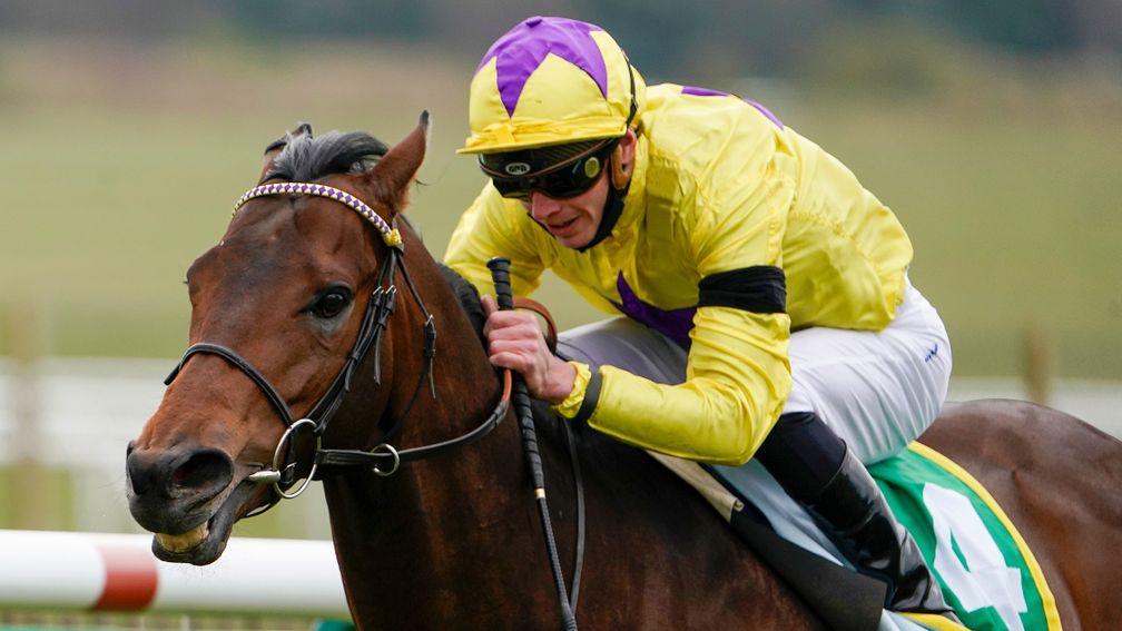 NEWMARKET, ENGLAND - APRIL 14: James Doyle riding My Oberon (yellow) win The bet365 Earl Of Sefton Stakes at Newmarket Racecourse on April 14, 2021 in Newmarket, England. Sporting venues around the UK remain under restrictions due to the Coronavirus Pande