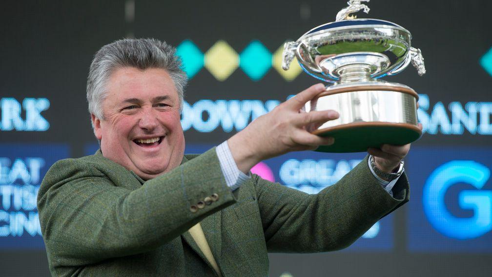 Paul Nicholls celebrates winning the 2016 trainers' championship after Just A Par finshed second in the bet365 Gold Cup