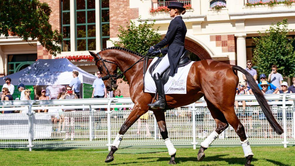 International event rider and ADDP ambassador Clara Loiseau putting the retrained Ultramaille through her dressage paces during the Au Dela Des Pistes charity day at Deauville