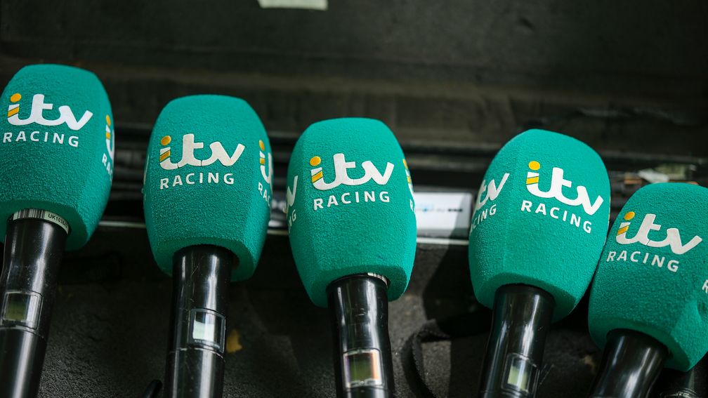 NEWTON-LE-WILLOWS, ENGLAND - JUNE 08: ITV Racing microphones at Haydock Park Racecourse on June 08, 2024 in Newton-le-Willows, England. (Photo by Alan Crowhurst (Getty Images)