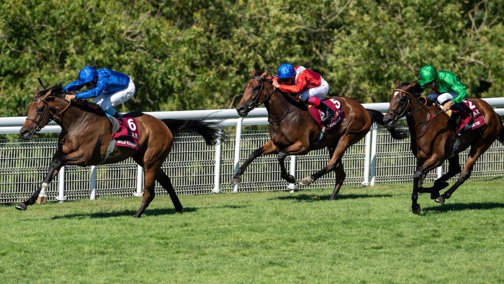 Wild Illusion (William Buick, left) is too strong for Veracious and Urban Fox (right)