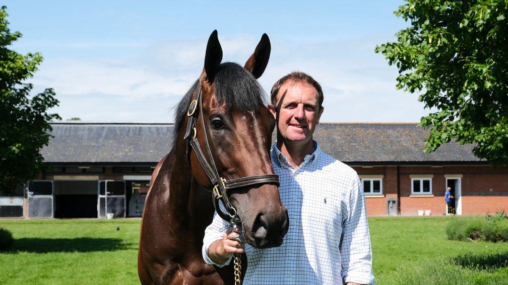 Charlie Appleby with his Derby winner Adayar at Moulton Paddocks on Monday morning