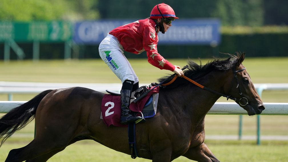 NEWTON-LE-WILLOWS, ENGLAND - JULY 01: Mr Mccann and Jane Elliott coming home to win the British EBF Novice Stakes at Haydock Park Racecourse on July 1, 2021 in Newton-le-Willows, England. (Photo by Martin Rickett - Pool/Getty Images)