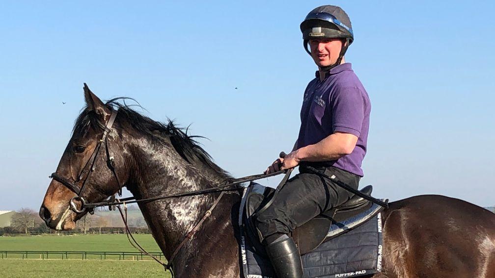 Pre-trainer Jamie Goss aboard Midnights Legacy after the colt took a spin on the gallops