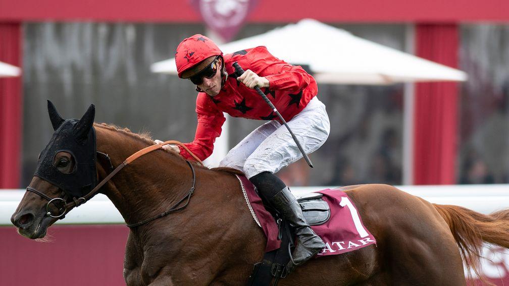 The Revenant (Pierre-Charles Boudot) finishes clear in the Prix Daniel Wildenstein at Longchamp