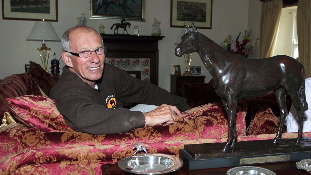 George and Ann Duffield with statue of Alborada winner of back to back Champion stakes 1998 and 1999 ridden by George presented on his retierment by Sir Mark PrescottAnn Duffield Racing, Sun Hill Farm,  North Yorkshire21ST SEPTEMBER 2012Pic: Louise Pollar