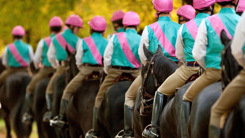 Tribute to a true great: members of the Household Cavalry wearing Frankel's silks on morning exercise in Hyde Park