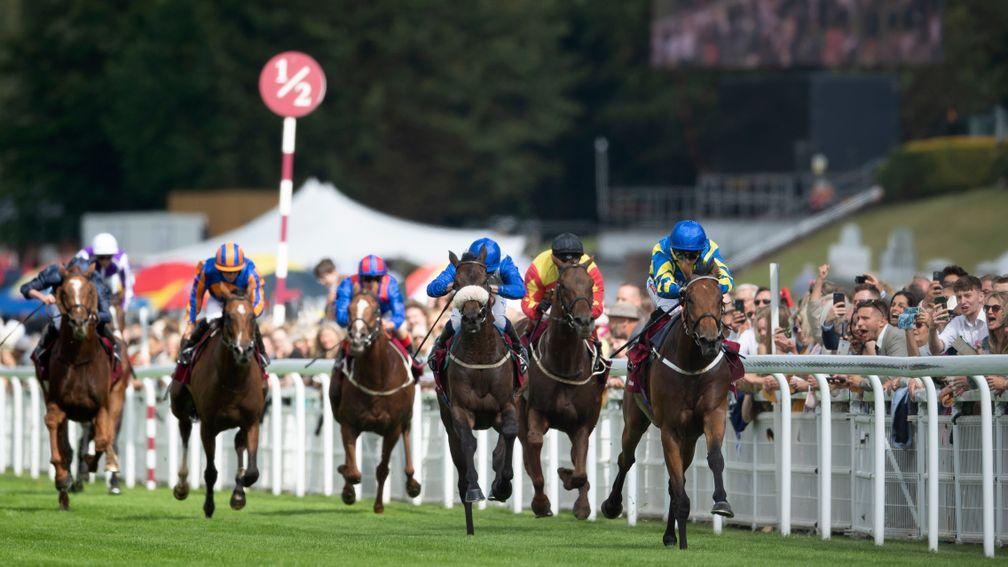 Trueshan (right) stayed on best to win the Goodwood Cup under Hollie Doyle on Tuesday