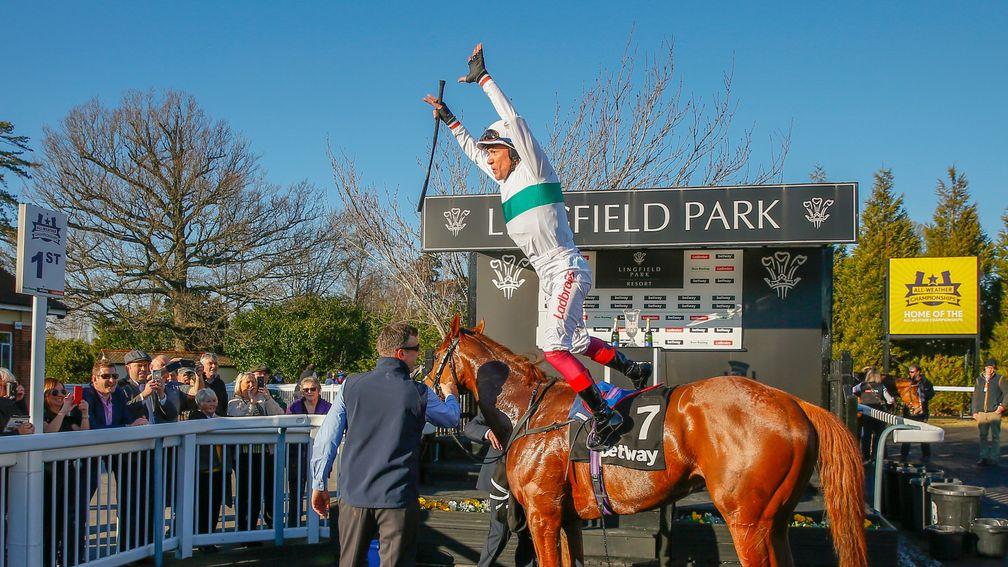Frankie Dettori celebrates Wissahickon's victory in the Winter Derby at Lingfield this year