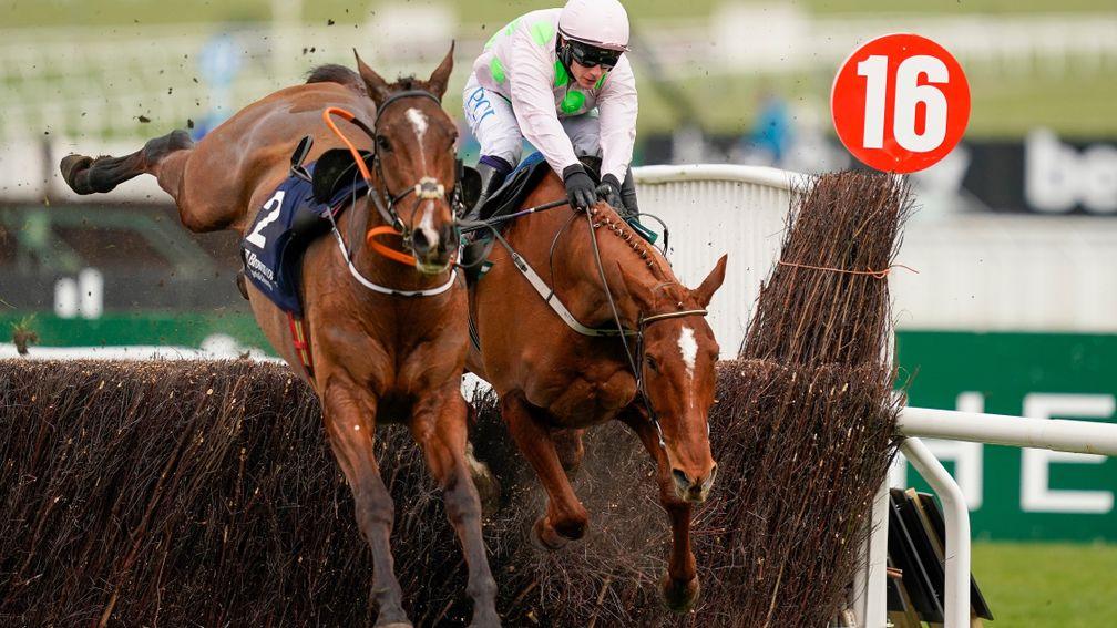 CHELTENHAM, ENGLAND - MARCH 17: Paul Townend riding Monkfish clear the last to win The Brown Advisory Novices' Chase at Cheltenham Racecourse on March 17, 2021 in Cheltenham, England. Sporting venues around the UK remain under strict restrictions due to t