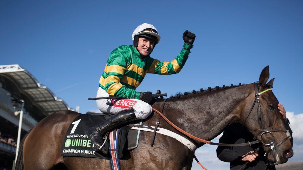 Barry Geraghty punches the air after winning last year's Champion Hurdle on Buveur D'Air