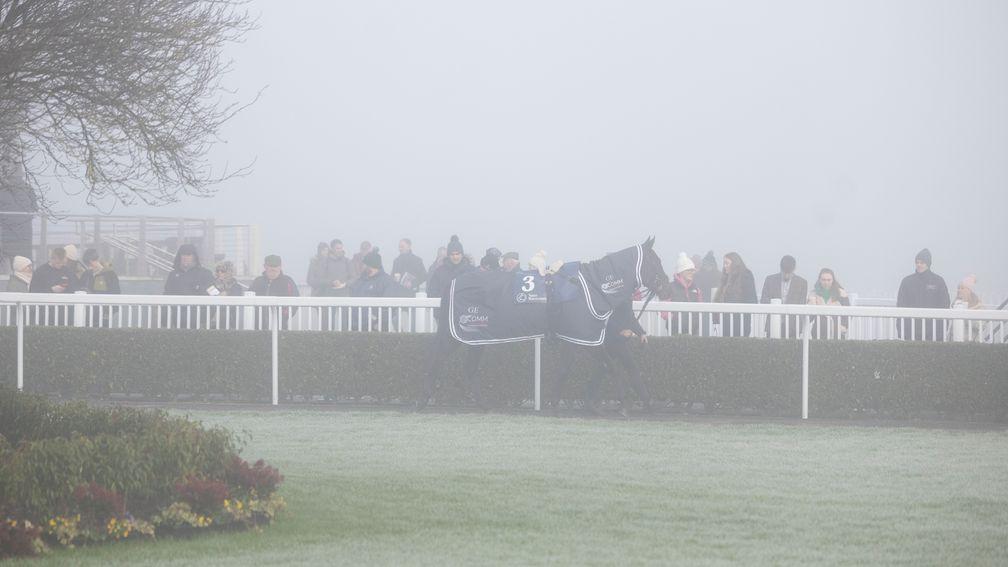 Foggy scenes at Naas, where racing was abandoned after the first contest