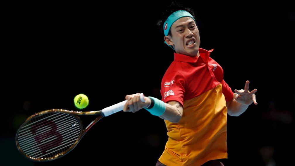 Kei Nishikori on his way to victory over Roger Federer in his opener at the O2