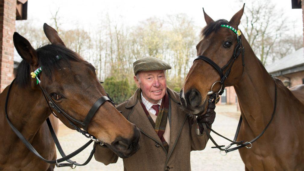 Trevor Hemmings between his National winners Ballabriggs (left) and Hedgehunter at Gleadhill House Stud