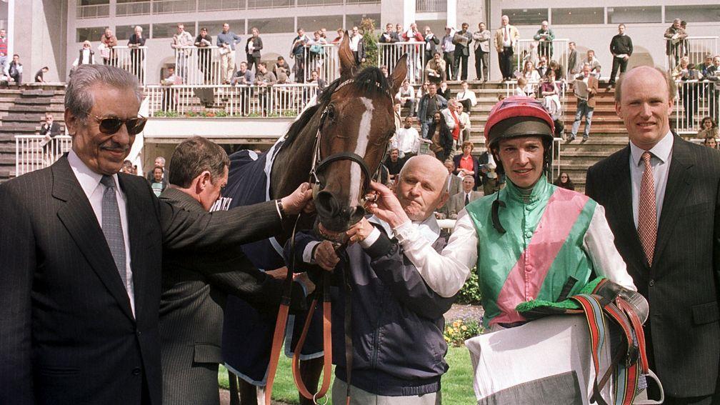 Prince Khalid Abdullah (left) and John Gosden (right) with Zenda, the dam of Kingman, after her success in the Poule d'Essai des Pouliches