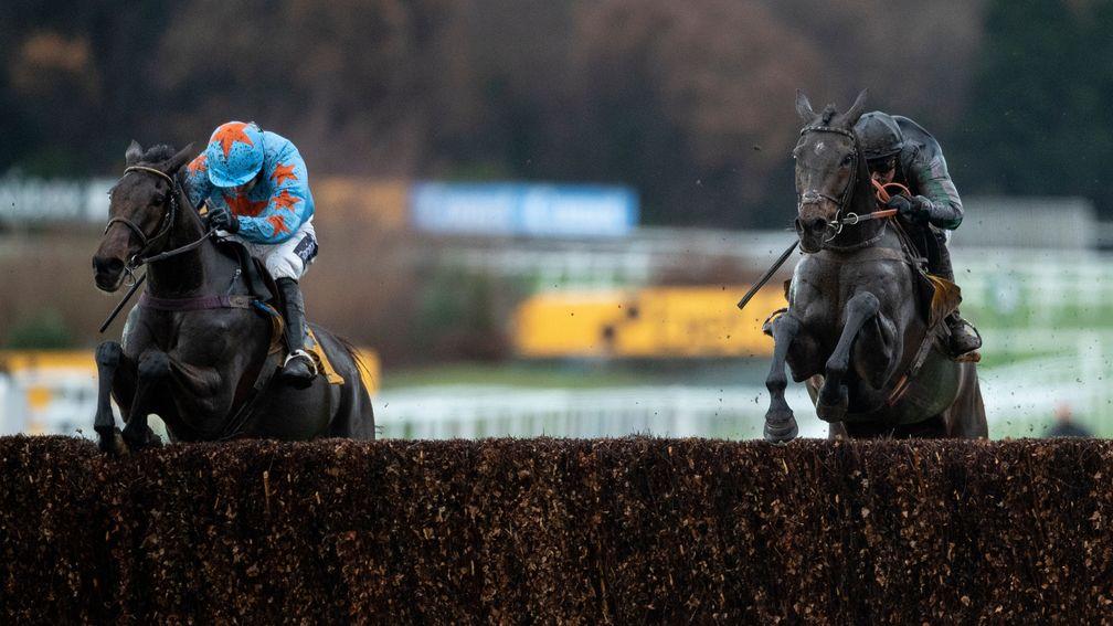 Altior (right) and Un De Sceaux jump the last as one, but up the run-in it was no contest with Nico de Boinville's mount winning easily