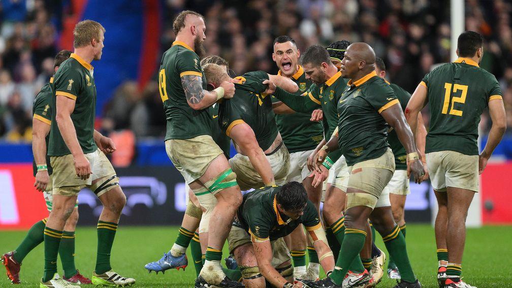 South Africa celebrate their semi-final triumph over England