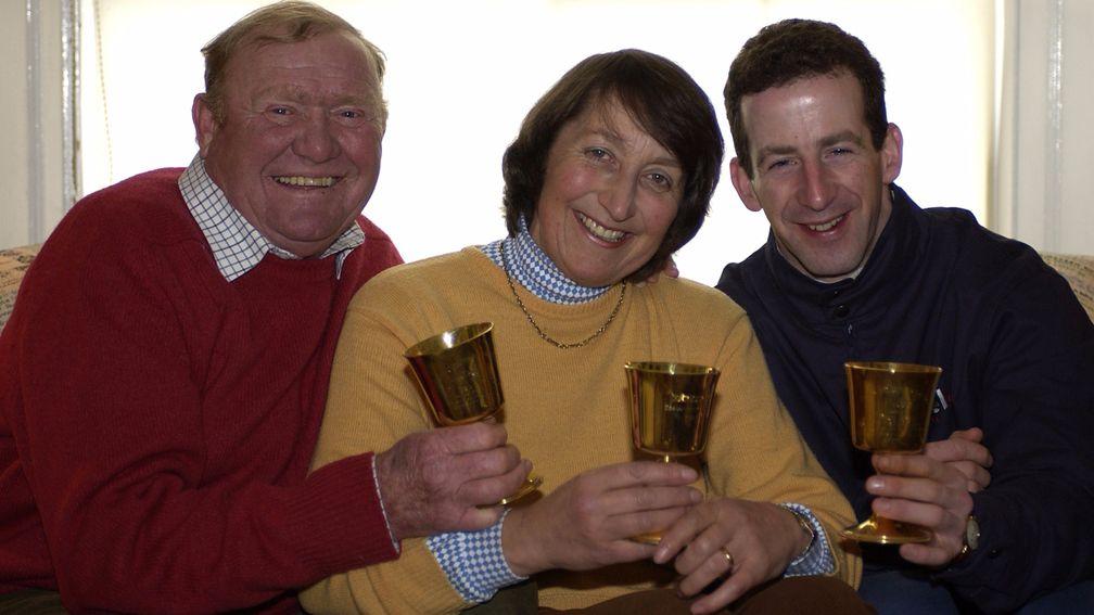 Jim Culloty (right) pictured with Henrietta Knight and the late Terry Biddlecombe and Best Mate's three Gold Cups