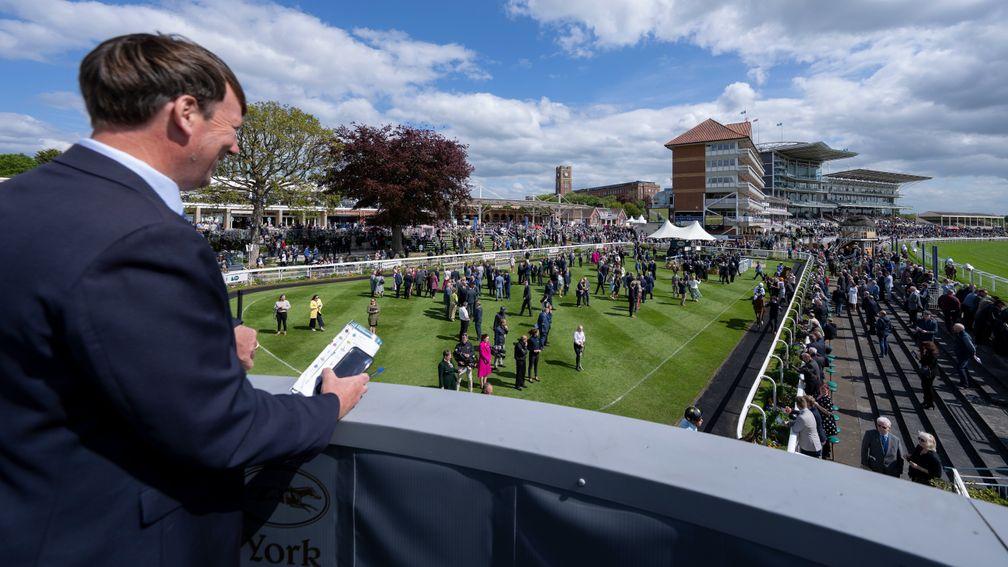 Clerk of the course William Derby looks over the paddock before the Hambleton StakesYork 12.5.22 Pic: Edward Whitaker