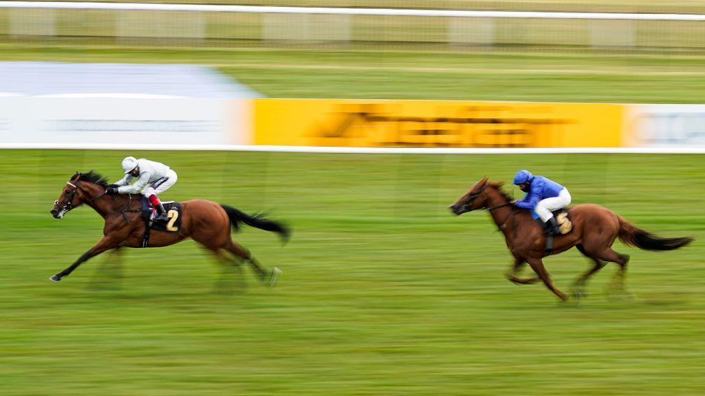 NEWMARKET, ENGLAND - JUNE 07: Frankie Dettori riding King Leonidas win The Betfair Exchange More Ways To Win EBF Stallions Novice Stakes (Div 1) at Newmarket Racecourse on June 07, 2020 in Newmarket, England. (Photo by Alan Crowhurst/Getty Images)