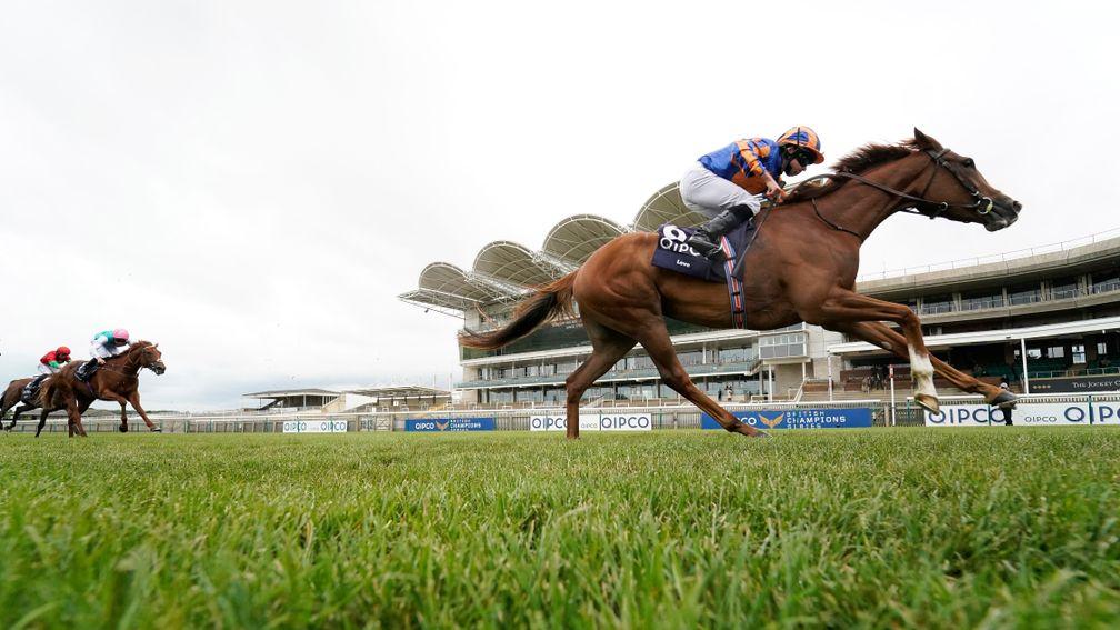 NEWMARKET, ENGLAND - JUNE 07: Ryan Moore riding Love win The Qipco 1000 Guineas Stakes at Newmarket Racecourse on June 07, 2020 in Newmarket, England. (Photo by Alan Crowhurst/Getty Images)