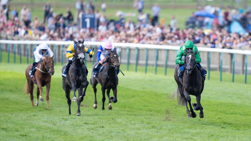 Running Lion (Oisin Murphy) wins the Pretty Polly Stakes Newmarket 7.5.23 Pic: Edward Whitaker