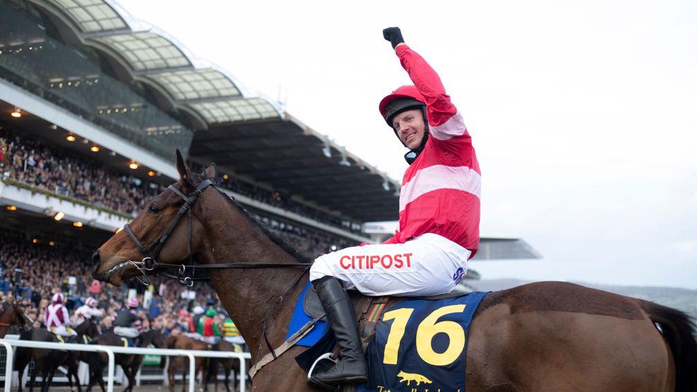 Noel Fehily: acknowledges the crowd after victory on Eglantine Du Seuil in the Mares' Novices' Hurdle