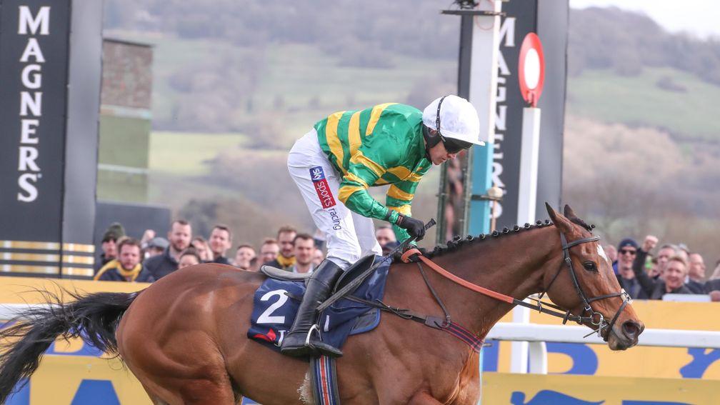 DEFI DU SEUIL Ridden by Barry Geraghty (Green and Gold Whiter Cap) wins at Cheltenham 14/3/19 Photograph by Grossick Racing Photography 0771 046 1723