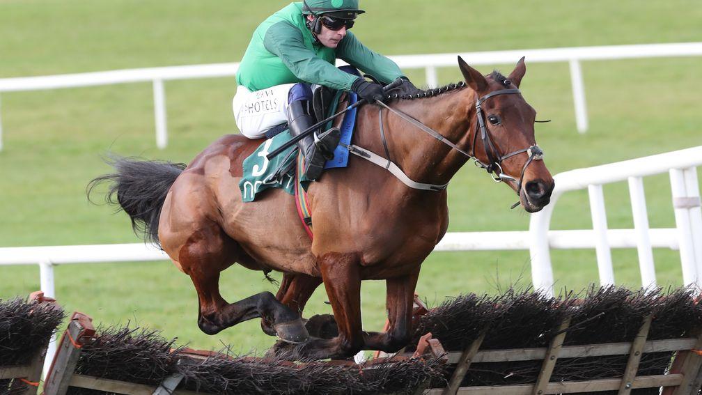 Hunters Yarn and Paul Townend jumping the last to win The INH Stallion Owners EBF Novice Hurdle








