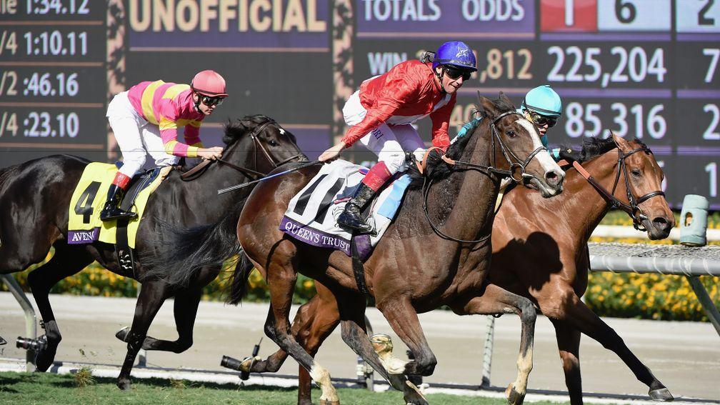 ARCADIA, CA - NOVEMBER 05:  Queen's Trust ridden by Lanfranco Dettori wins the Filly & Mare Turf race on day two of the 2016 Breeders' Cup World Championships at Santa Anita Park on November 5, 2016 in Arcadia, California.  (Photo by Harry How/Getty Ima