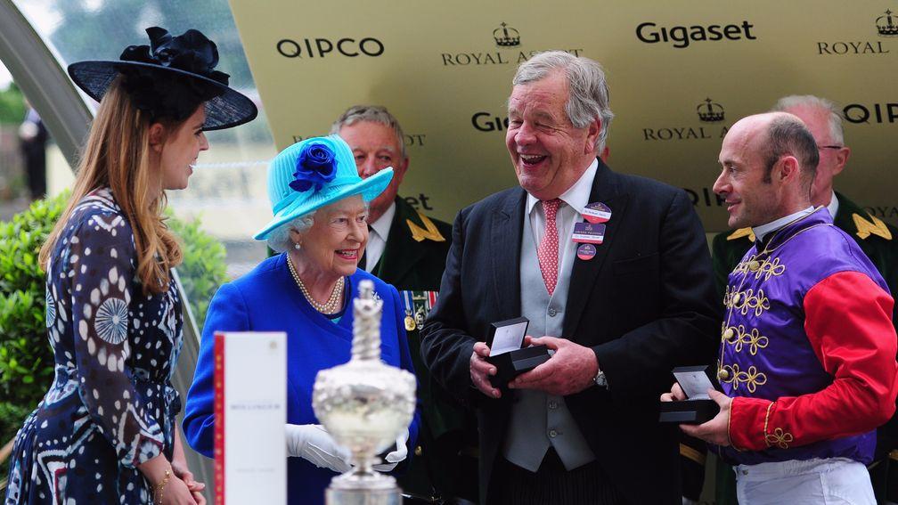 The Queen, Sir Michael Stoute and Olivier Peslier celebrate after Dartmouth's Hardwicke Stakes success
